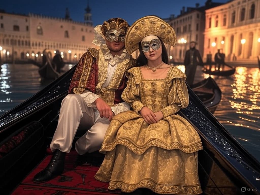 Venetian couple in masquerade on gondola