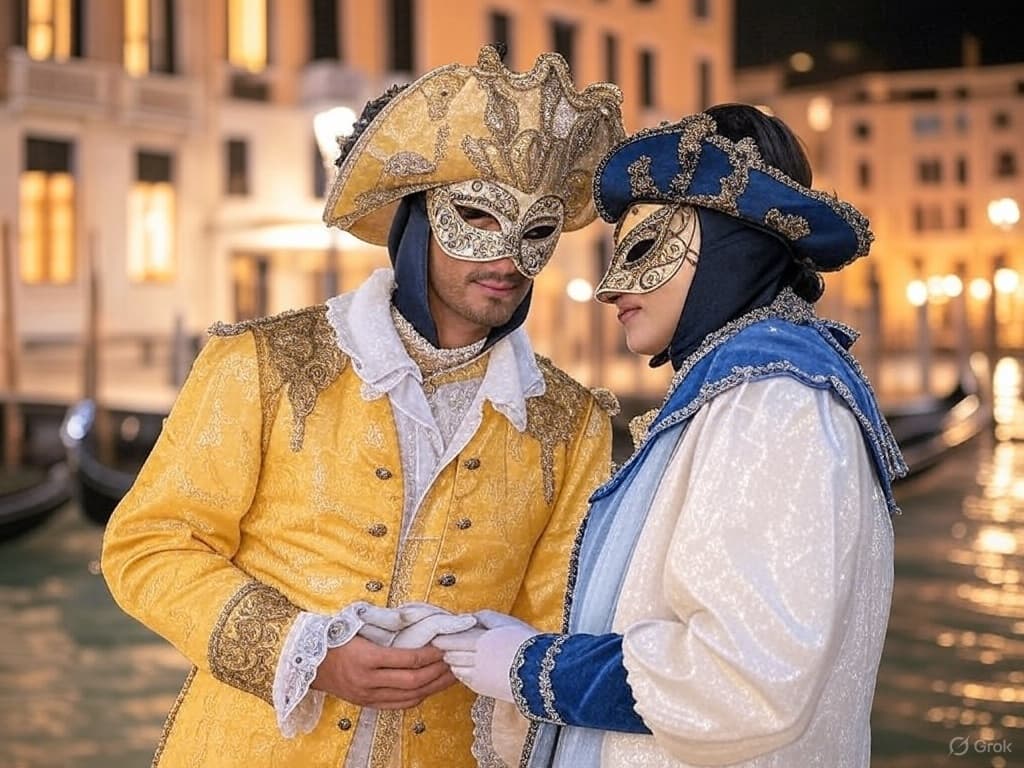 Venetian couple in masquerade by canal